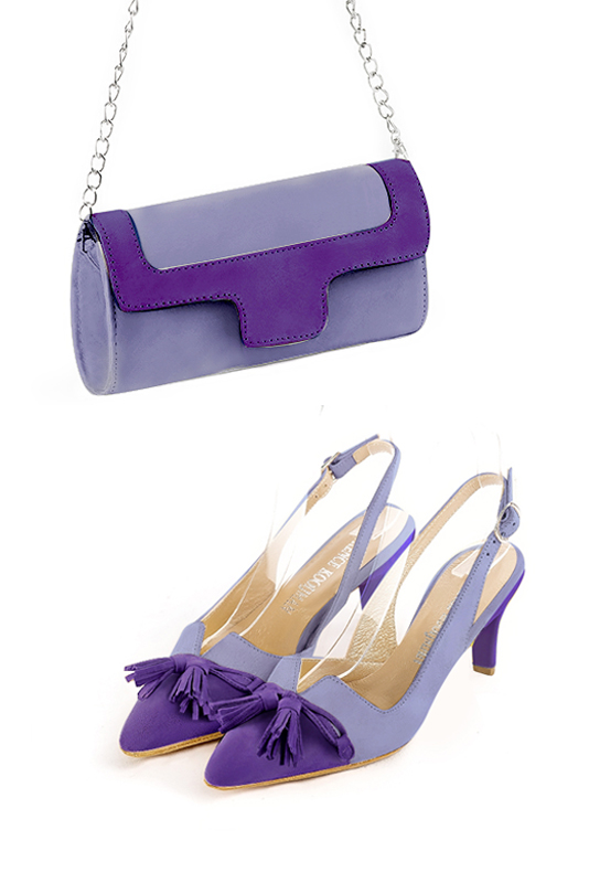 Violet purple women's open back shoes, with a knot. Tapered toe. Medium slim heel. Worn view - Florence KOOIJMAN